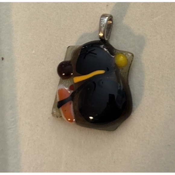 Handmade Jewelry - Artisan Fused Glass Pendant Abstract Black Orange Yellow Modernist Statement